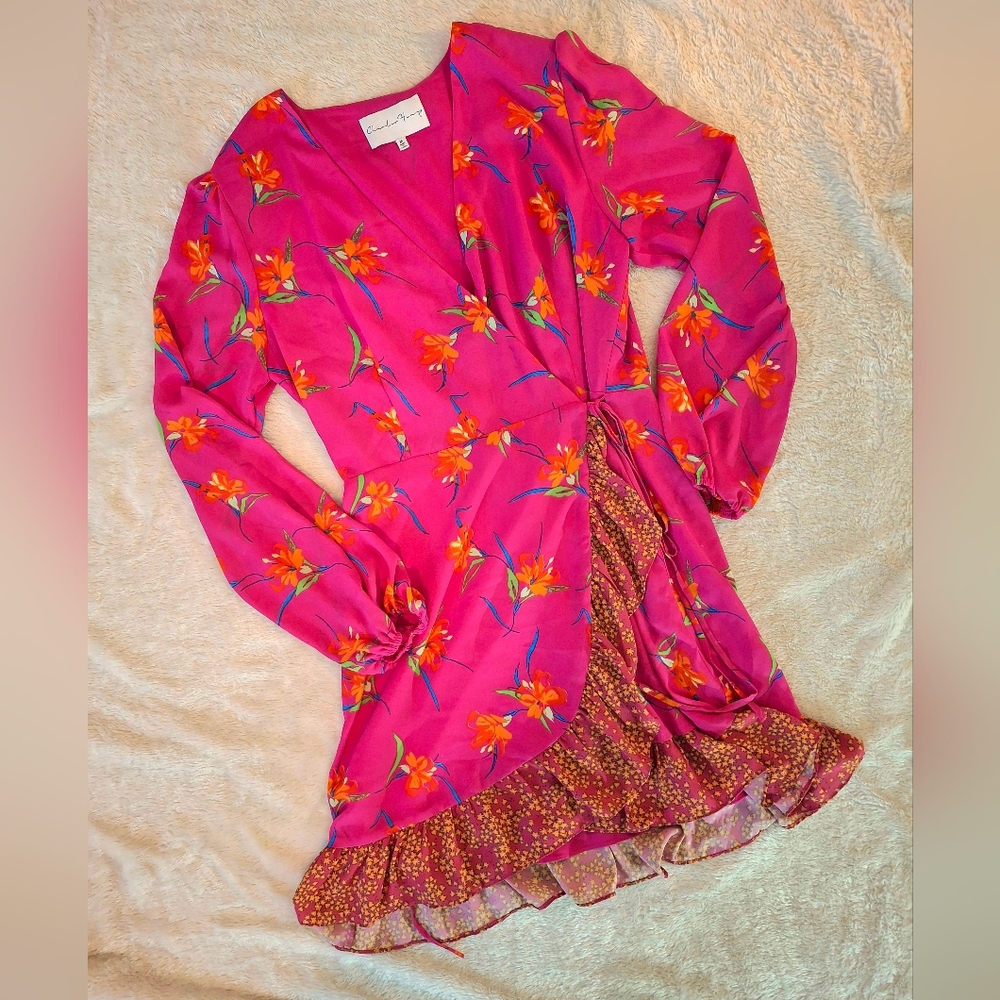 Charles Henry Pink Floral Wrap Ruffle Dress M